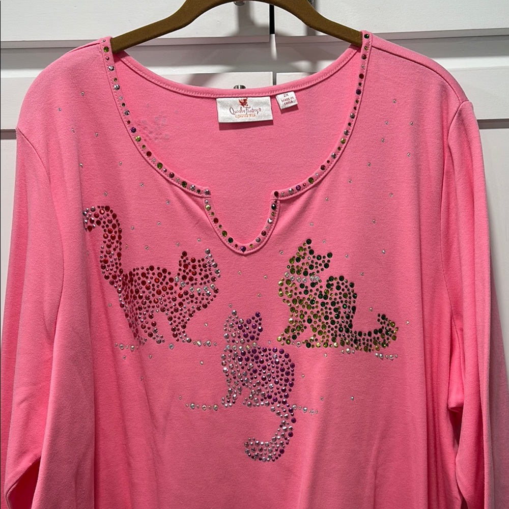 Pink Cat Embellished Top by Quacker Factoty 2X